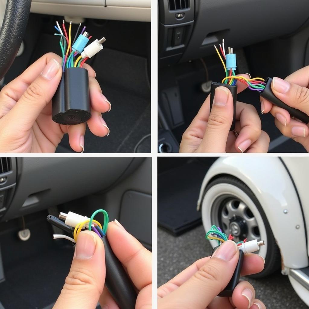 VW Beetle Wiring Repair: A photo illustrating the process of repairing a damaged wire in a classic VW Beetle's wiring harness, using the correct colour-coded wire and connectors.