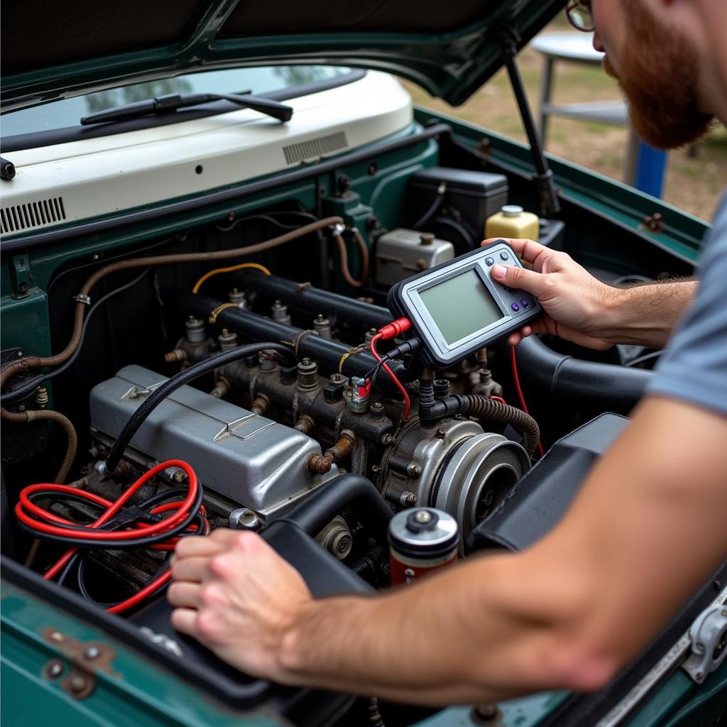 VW Bus Mechanic Diagnosing an Engine Problem Using a Diagnostic Tool