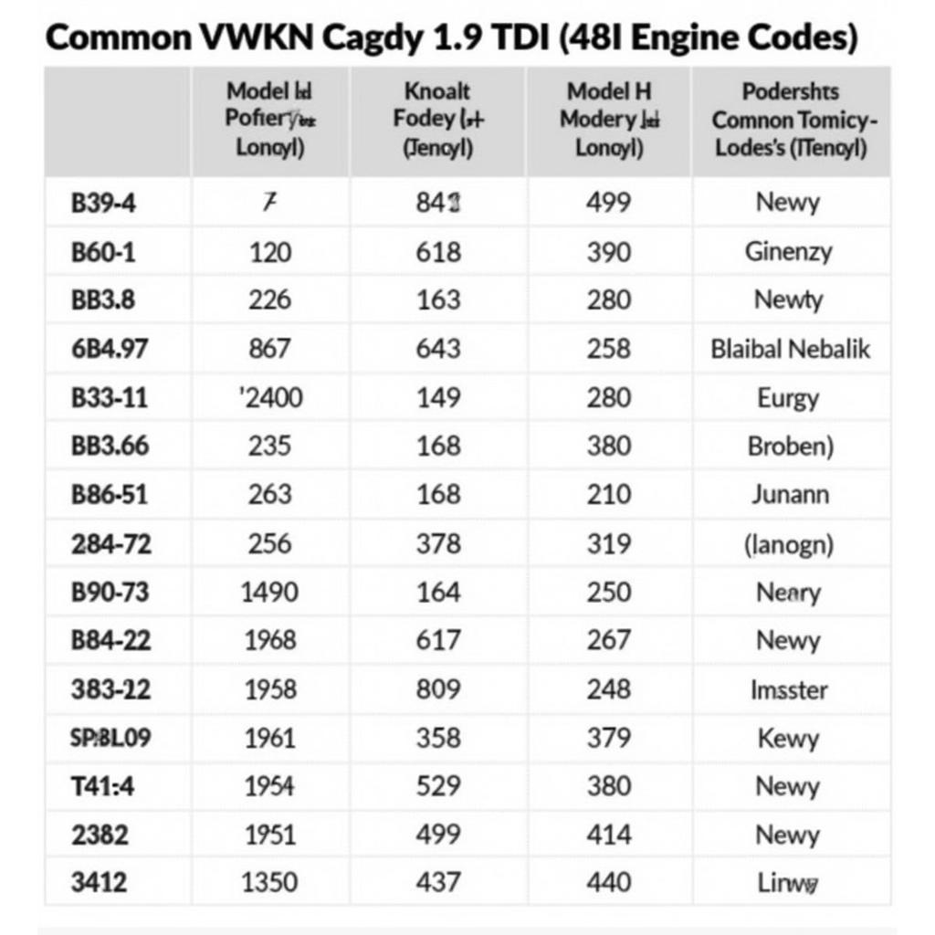 VW Caddy 1.9 TDI Engine Codes Table