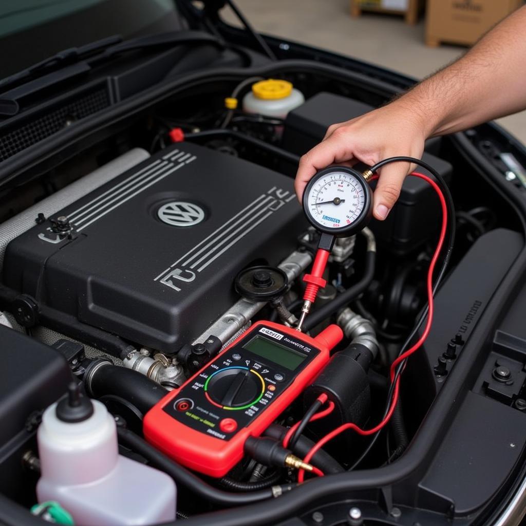 Mechanic Using Diagnostic Tools on a VW Engine