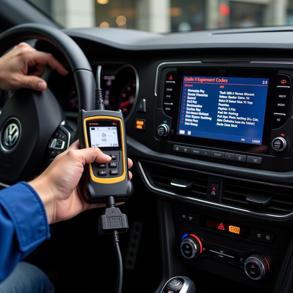 VW Equipment Code Scanner Connected to a Car's OBD-II Port