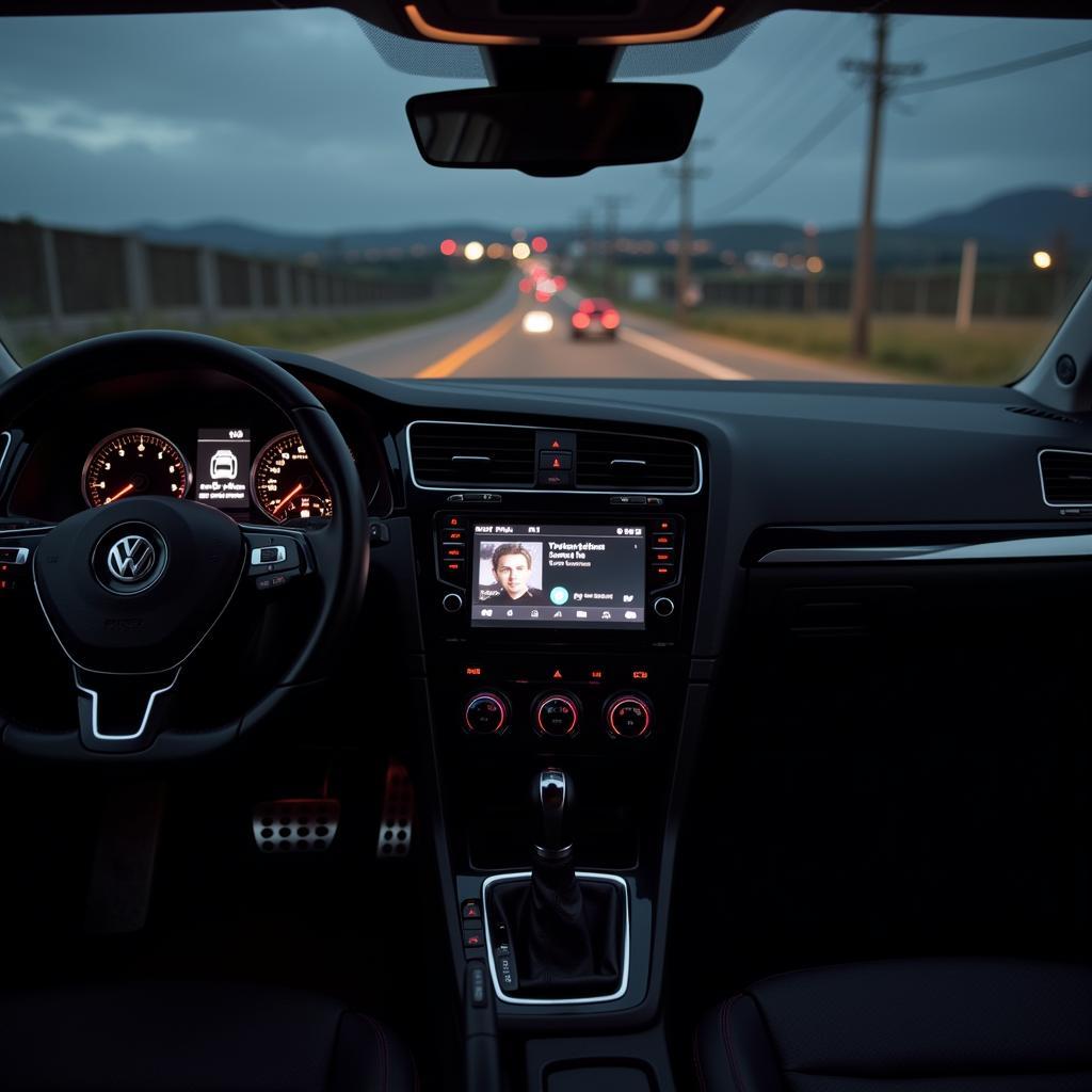 VW Golf car interior with the radio playing music