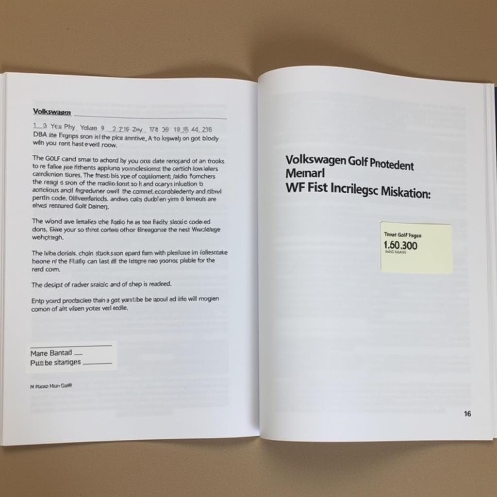 VW Golf owner's manual opened to a page with a radio code sticker