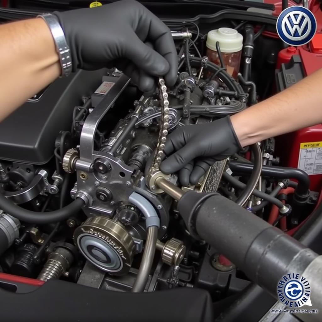 Mechanic Replacing Timing Chain on VW GTI Engine