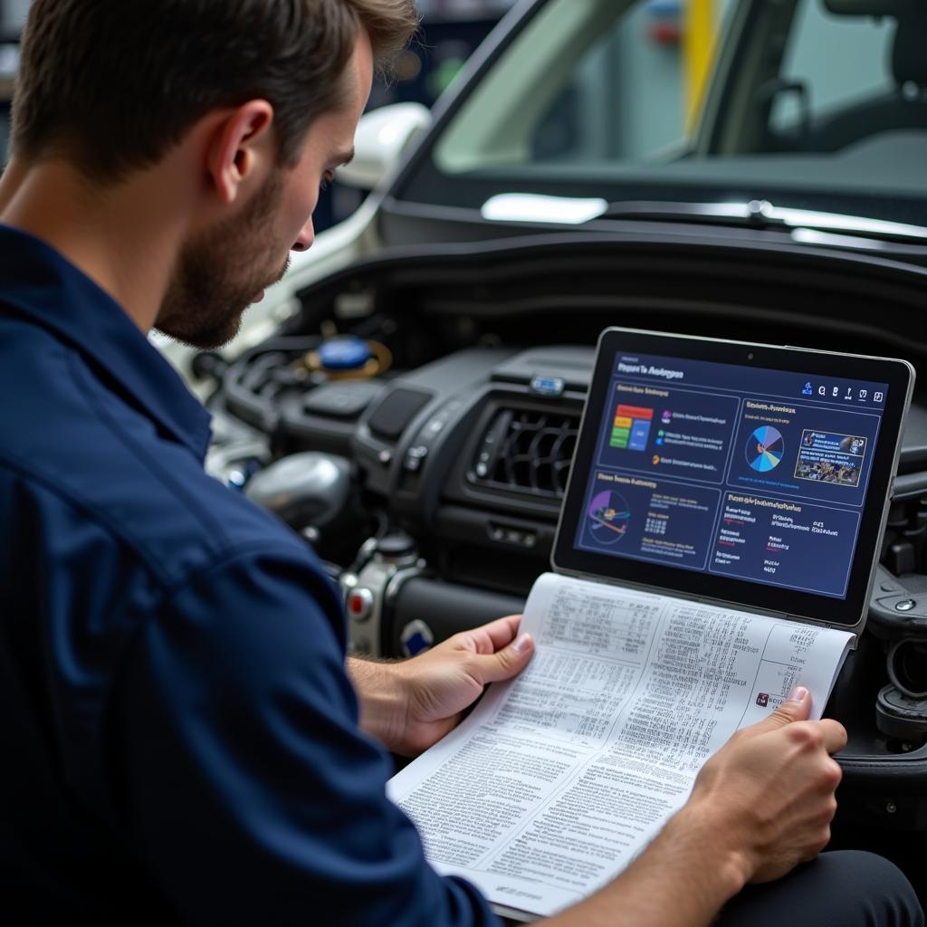 Volkswagen Mechanic Consulting a Repair Manual