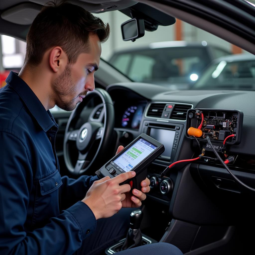 Volkswagen Mechanic Diagnosing EPC Light with Specialized Tools