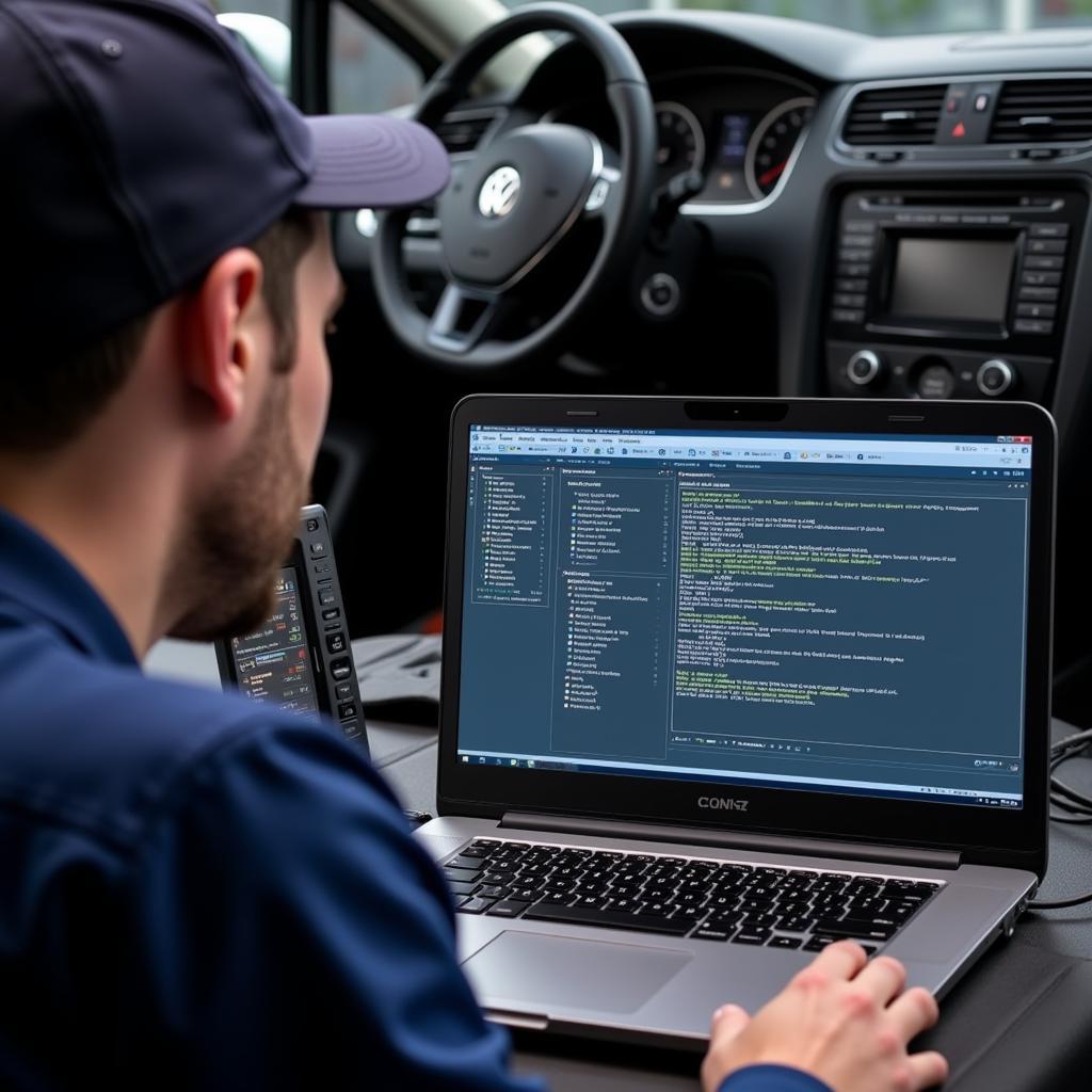 VW Mechanic Diagnosing Fault Codes with a Laptop