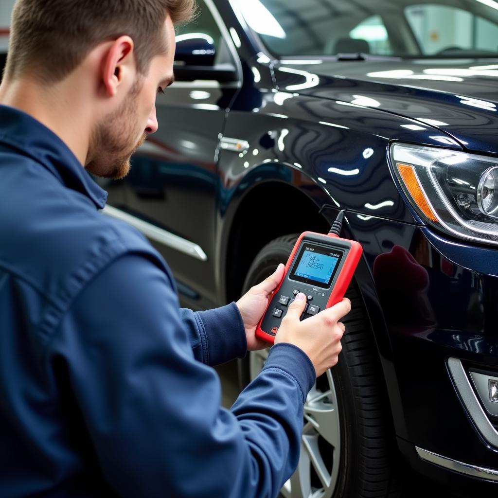 Technician Using a Diagnostic Tool on a VW Passat ABS System