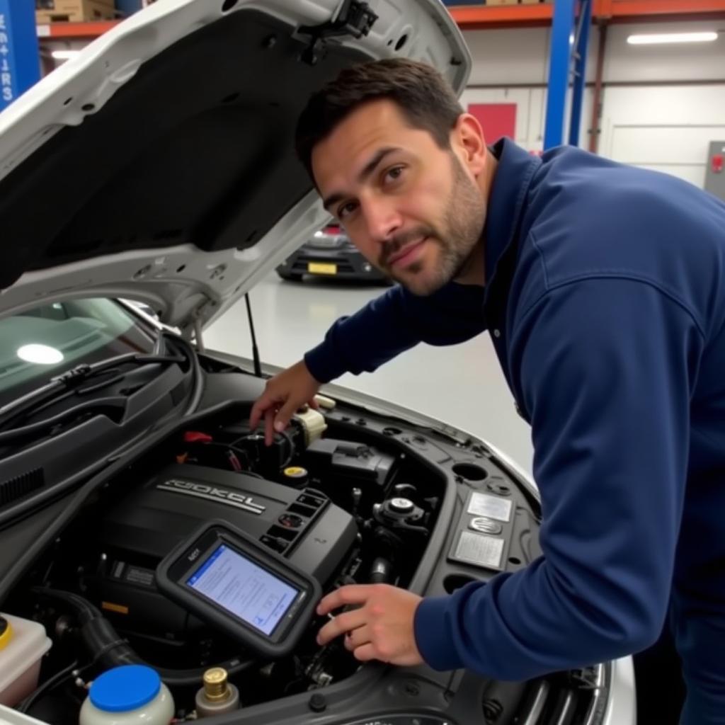 Inspecting the engine compartment of a Volkswagen Passat