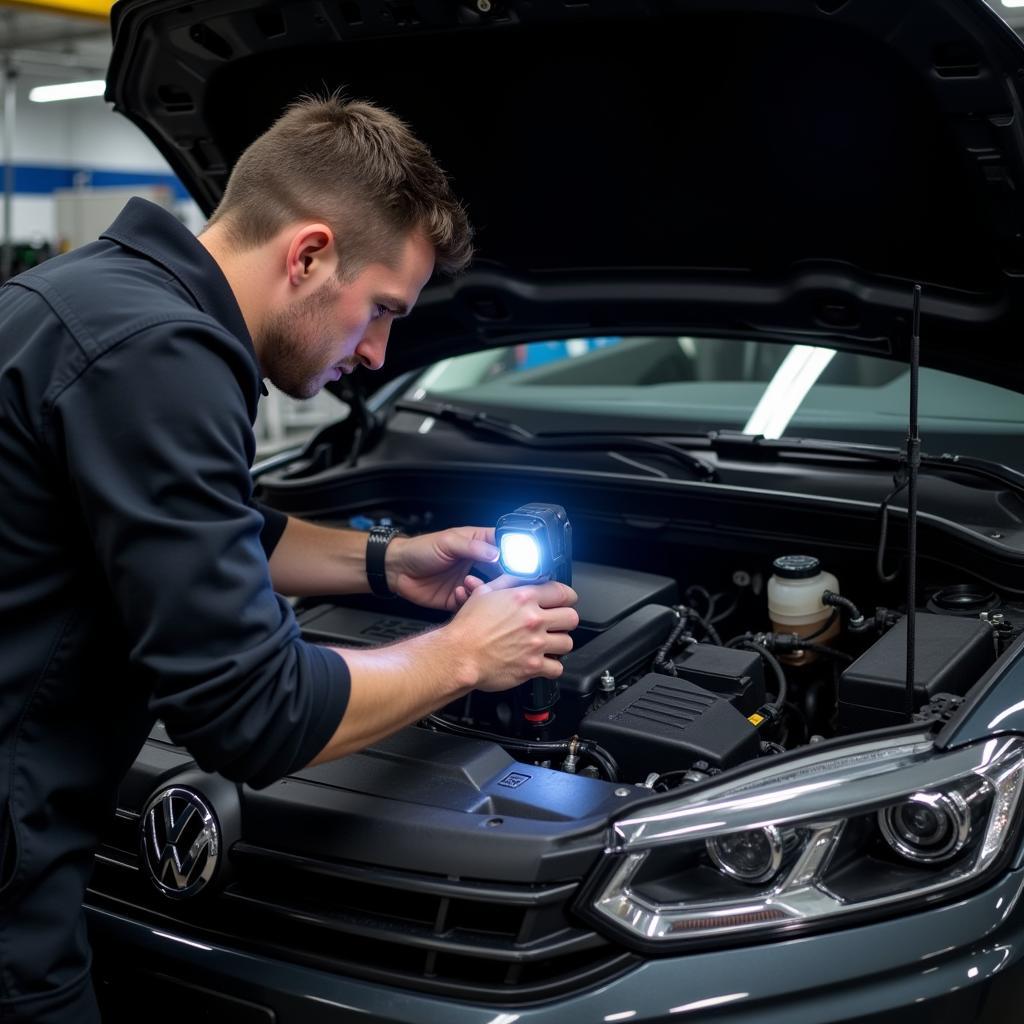 Mechanic Performing Engine Diagnostics on a VW Passat