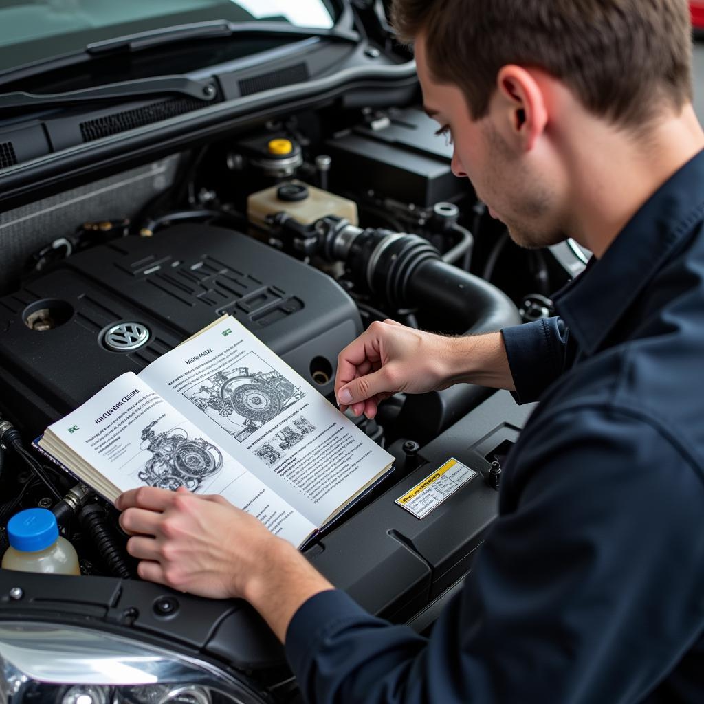 VW Polo Engine Code and Repair: Mechanic working on a VW Polo engine using the engine code for reference.