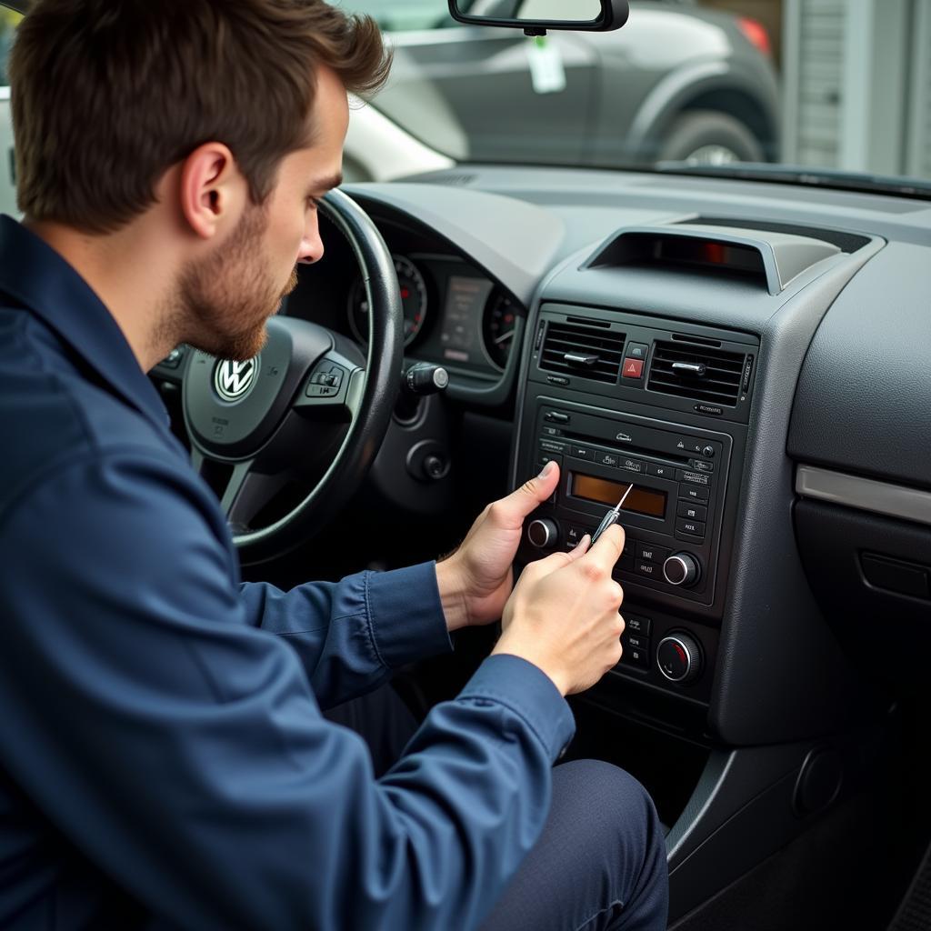 VW Technician Working on Car Radio