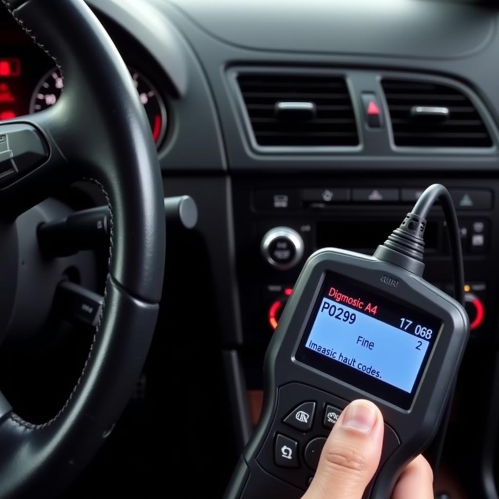 2006 Audi A4 with a diagnostic scanner displaying the P0299 fault code.