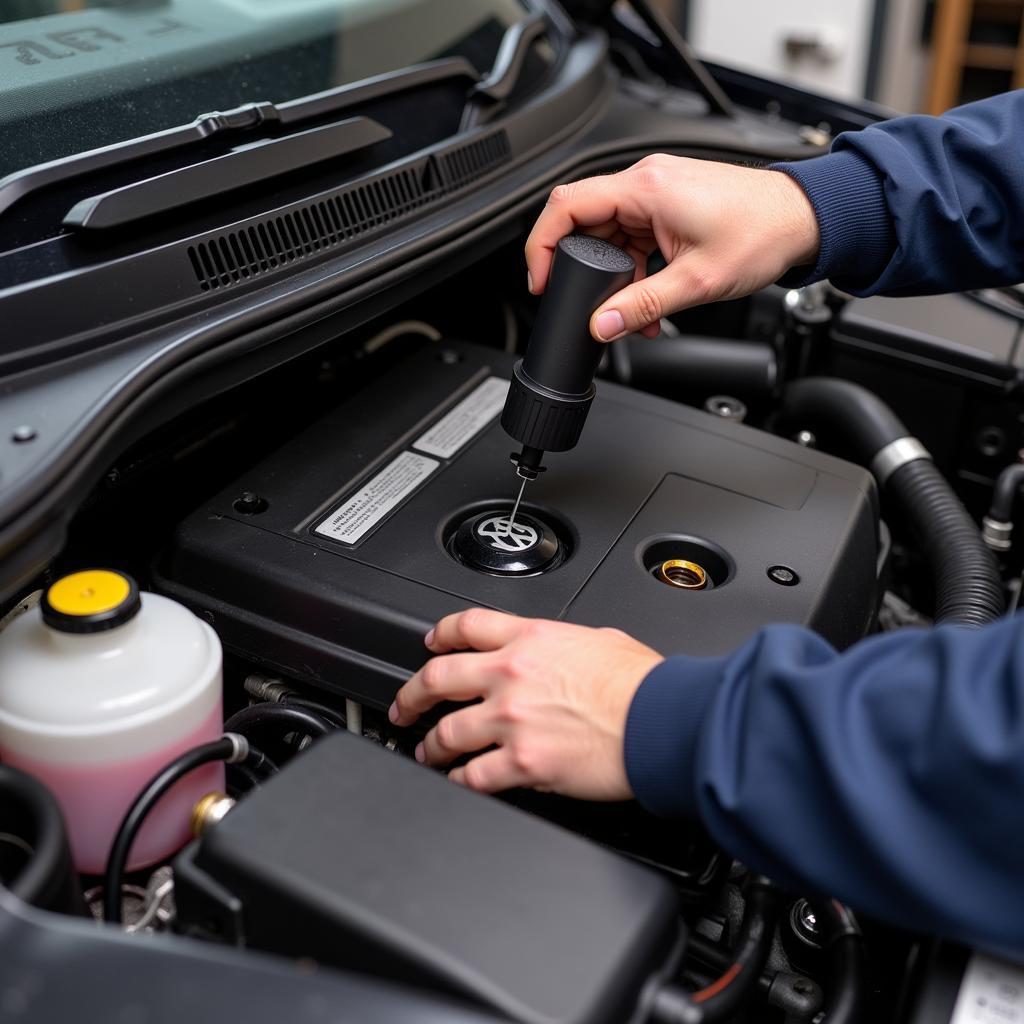 Mechanic Inspecting 2011 VW Tiguan Engine