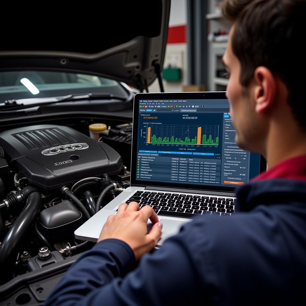 Mechanic Diagnosing a 2012 Audi A6 Engine