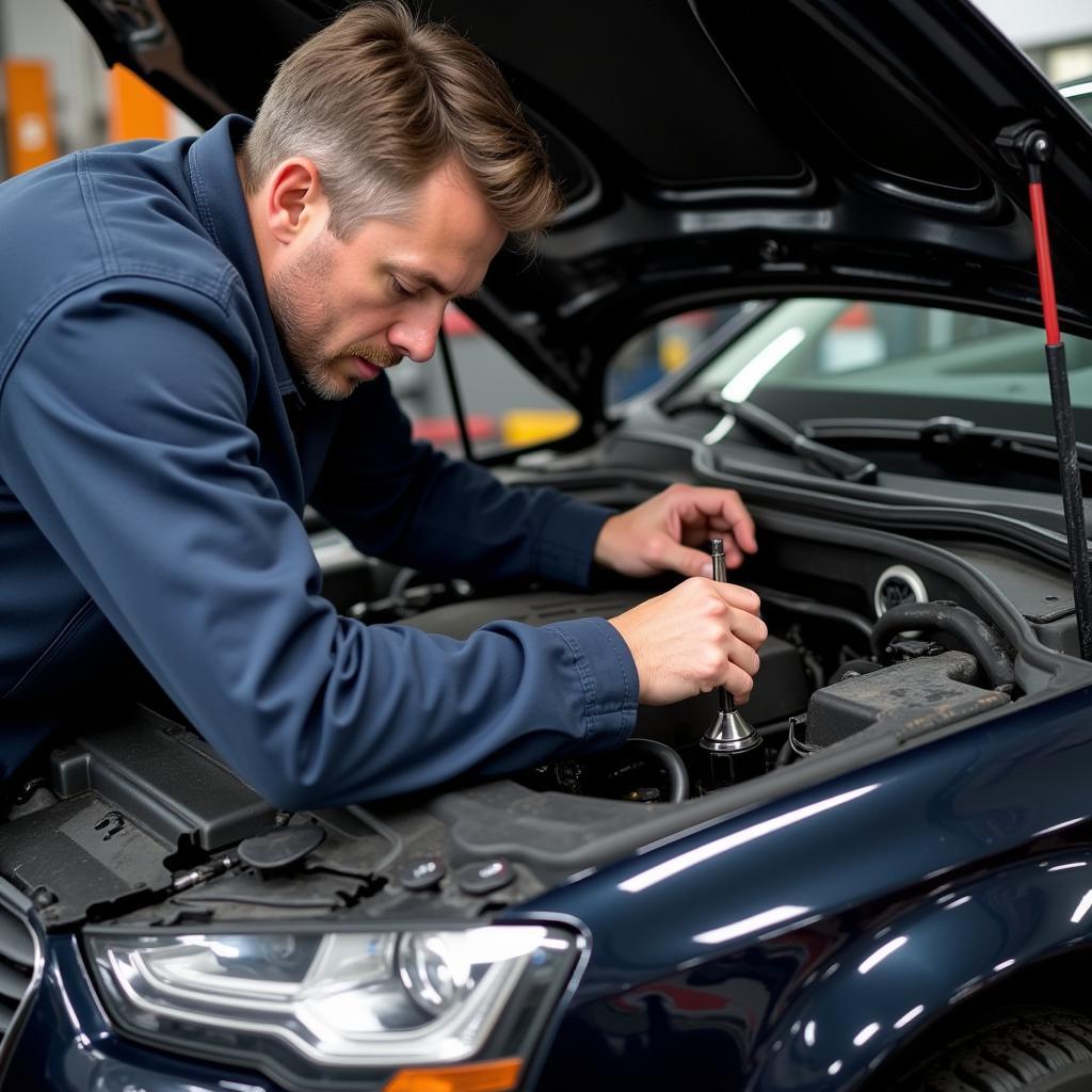 Mechanic Repairing an Audi A4 Engine