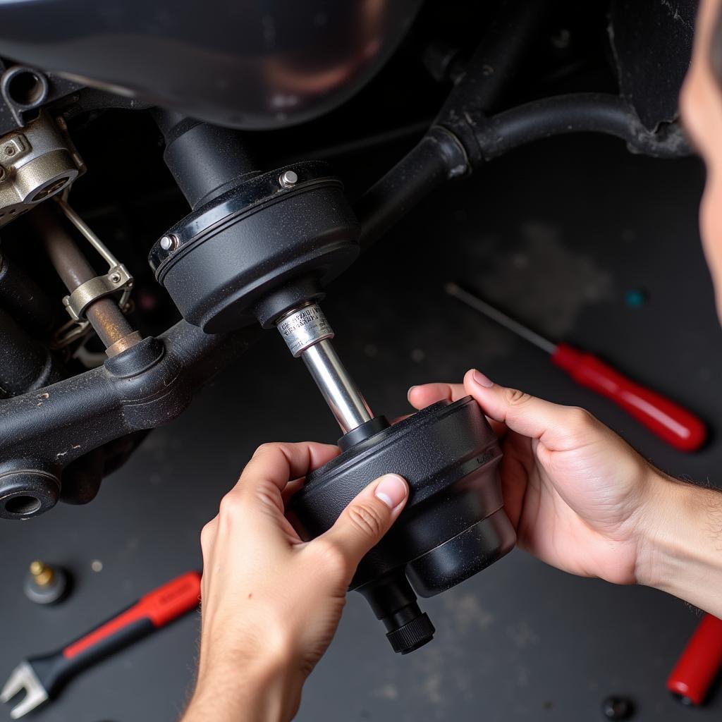 Audi A8 Air Suspension Repair: A mechanic inspects the air suspension components of an Audi A8, highlighting the complex nature of this system and the specialized knowledge required for its maintenance and repair.