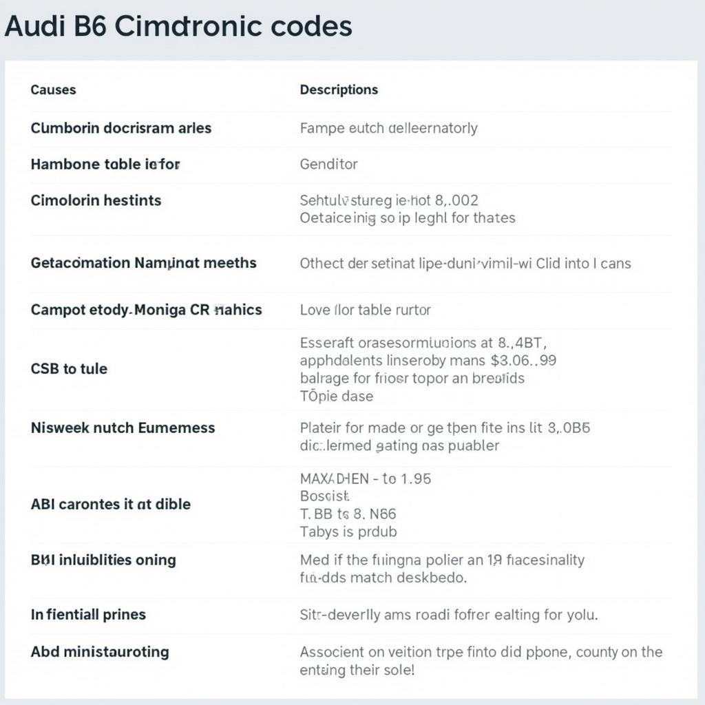 Table of Common Audi B6 Climatronic Codes