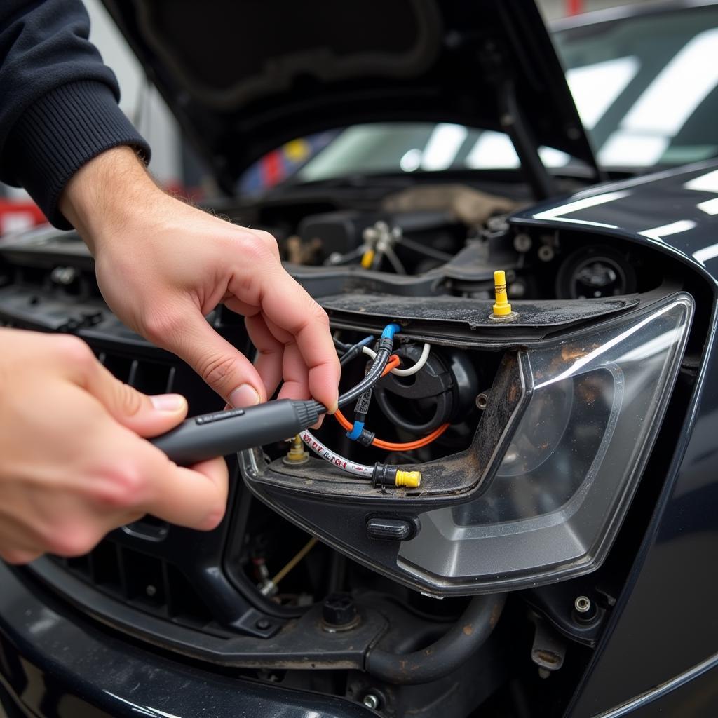 Inspecting the wiring harness of an Audi Q5 headlight