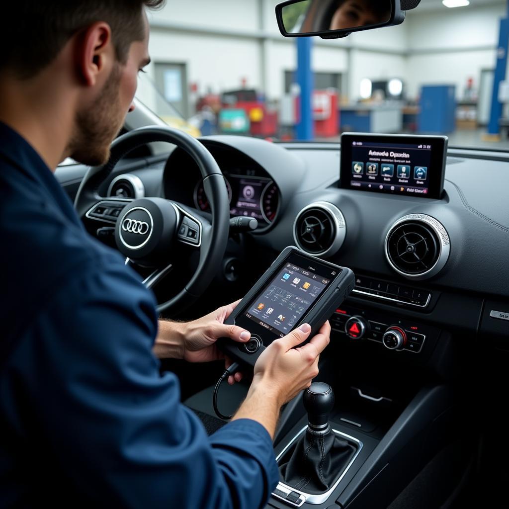 Audi Technician Using a Diagnostic Tool