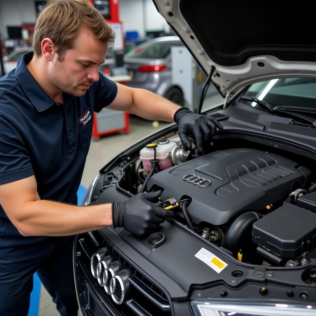 Audi Technician Working on A3 Engine