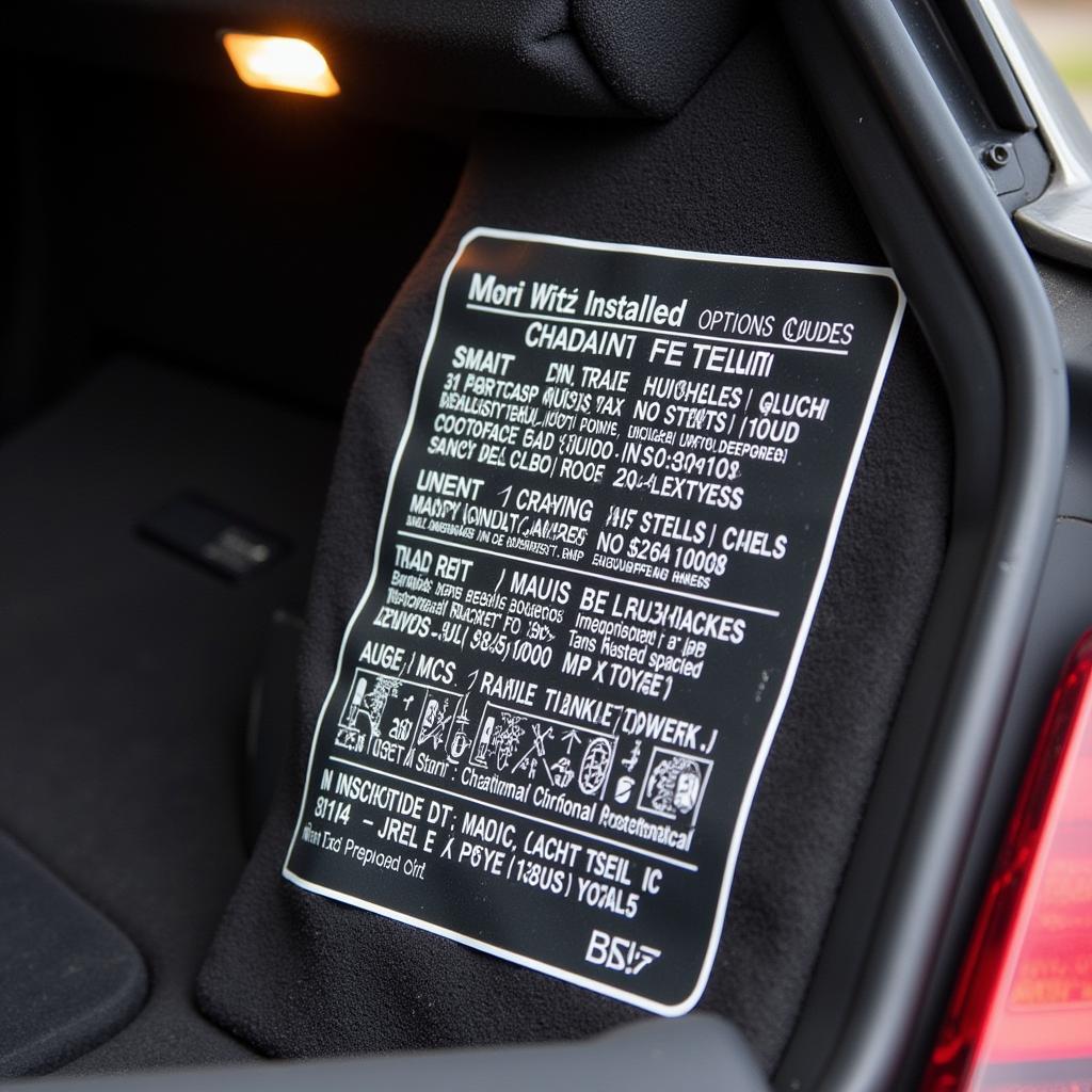 Close-up of an Audi TT Mk1 option codes sticker located in the trunk