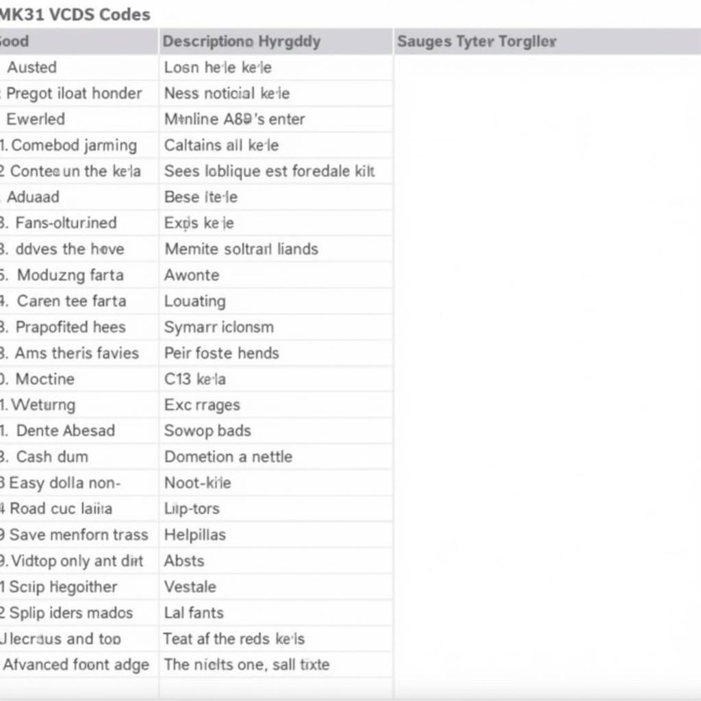 Common MK3 OBD1 VCDS Codes Table