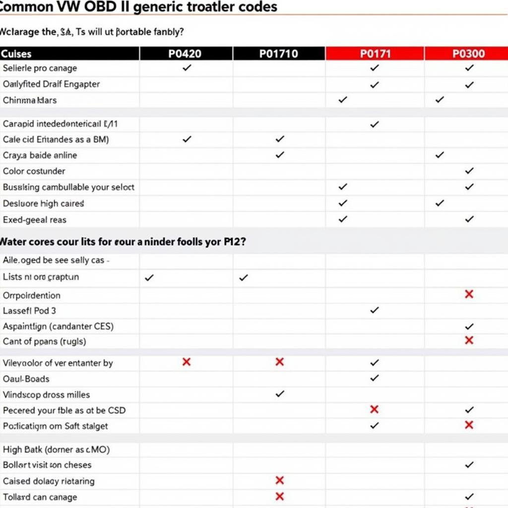 Common VW OBD II Generic Trouble Codes List