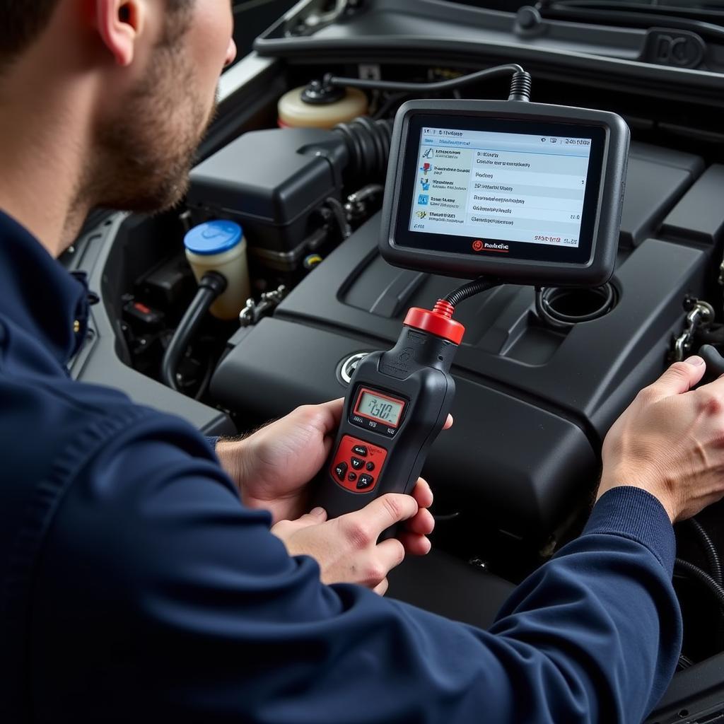 A mechanic using a diagnostic scanner to retrieve and interpret engine codes on a 2006 Audi A3.