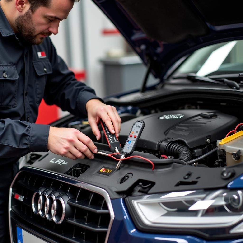 Mechanic Inspecting an Audi Engine