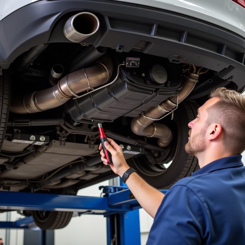 Mechanic Inspecting Exhaust System on a Lift