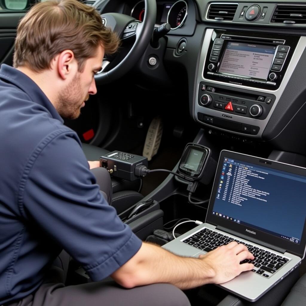 Mechanic using a VCDS HEX CAN USB refurbished interface to diagnose a car