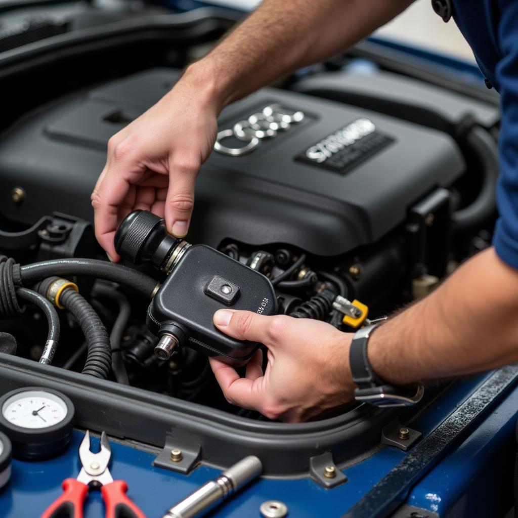 Mechanic replacing the fuel pressure sensor on an Audi engine