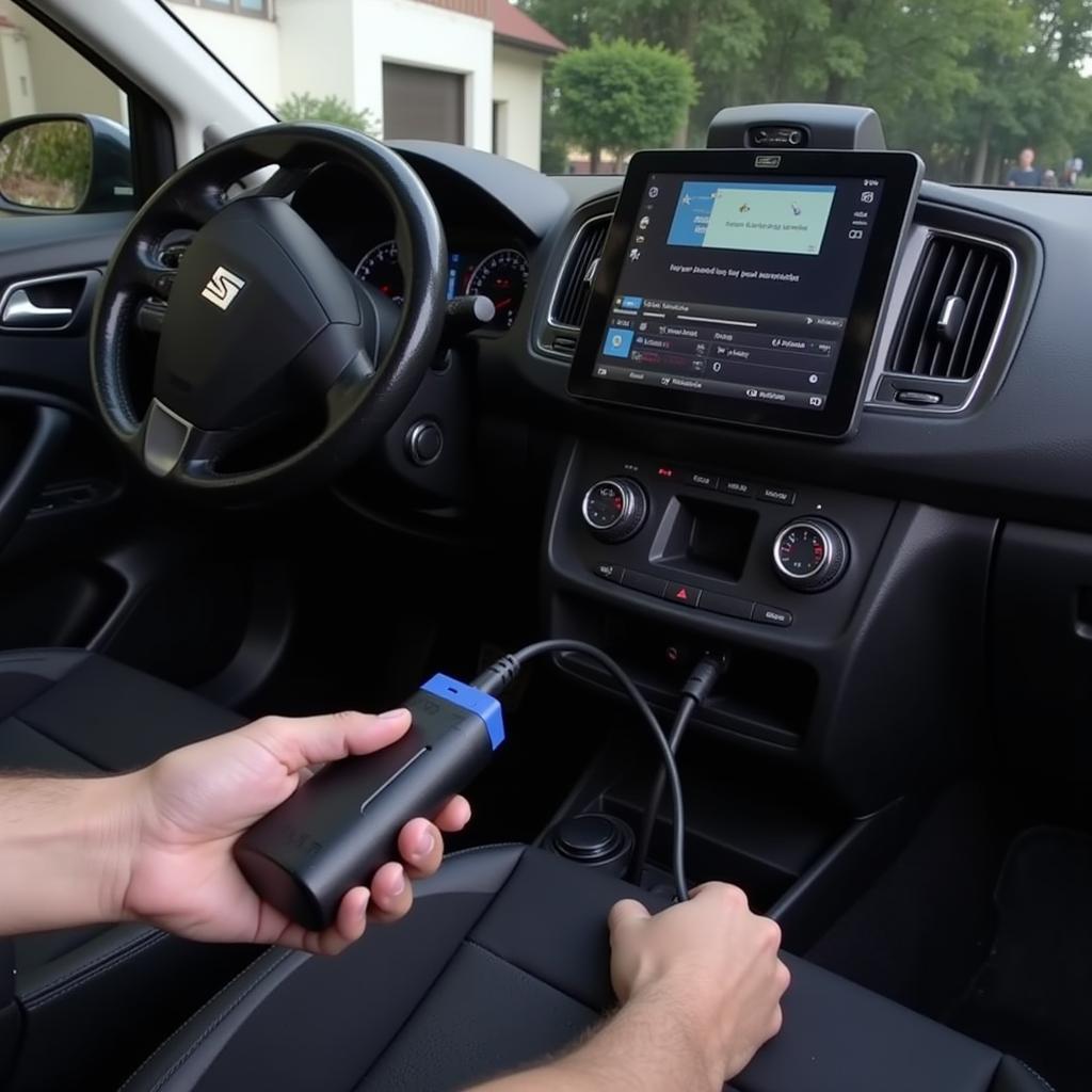 Connecting the VCDS cable to the OBD-II port of a Seat Leon.