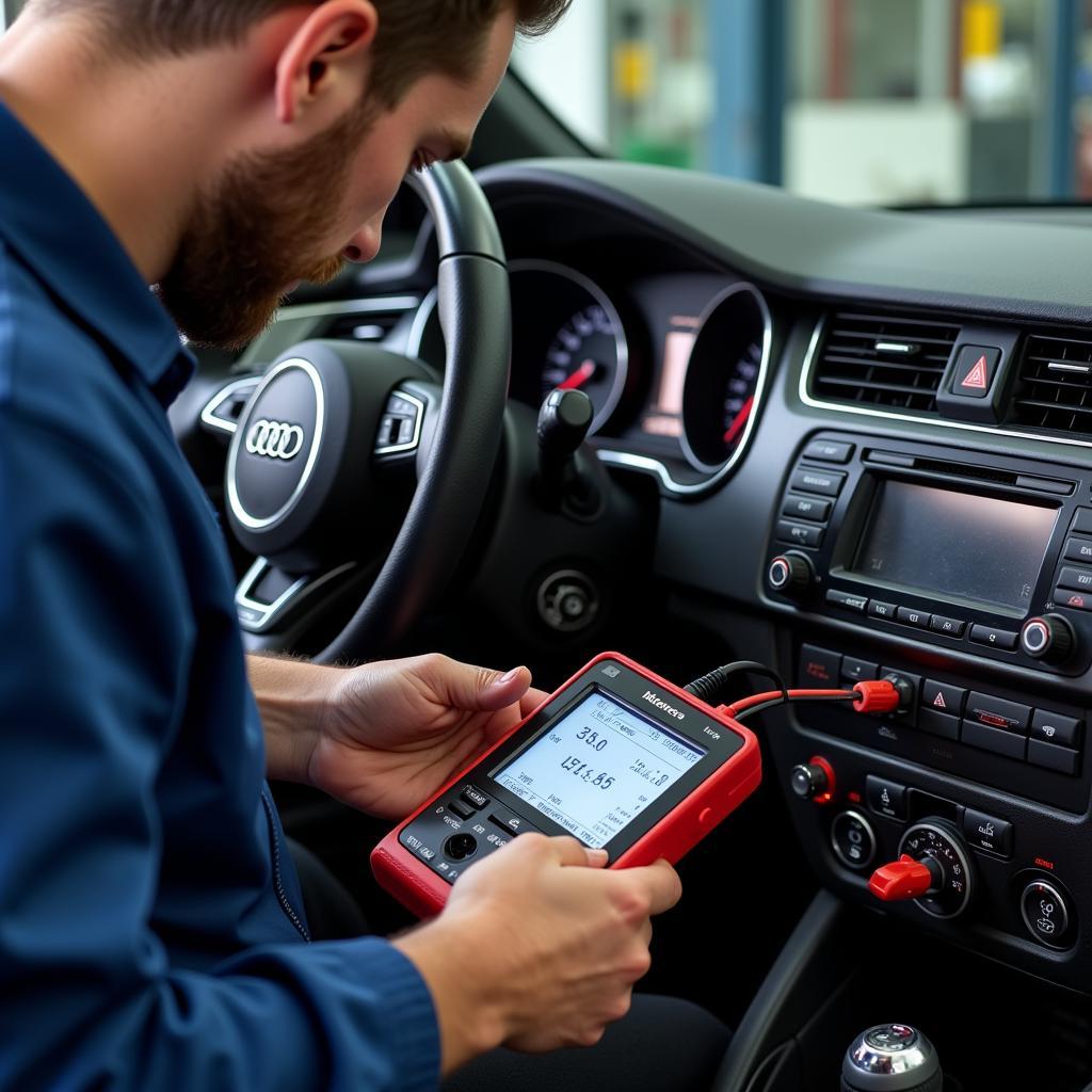 A technician using diagnostic equipment on an Audi TT