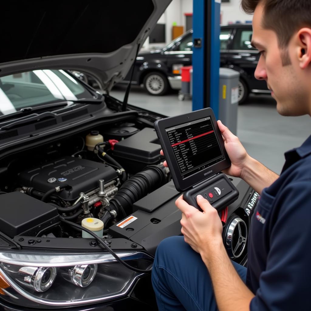 Mechanic Using VCDS on Android Tablet to Diagnose Car Issues