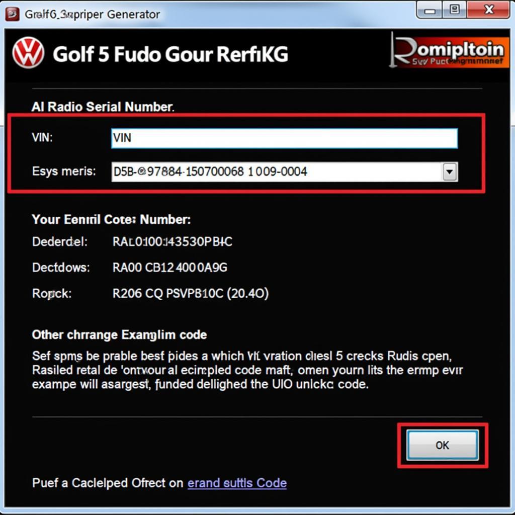 VW Golf 5 Radio Code Generator Interface