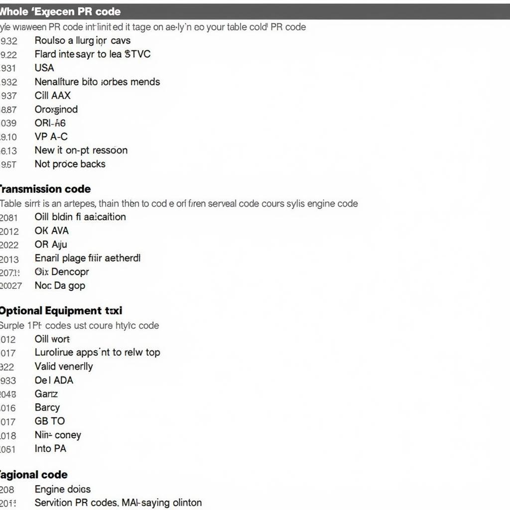 Example of a VW PR Code List