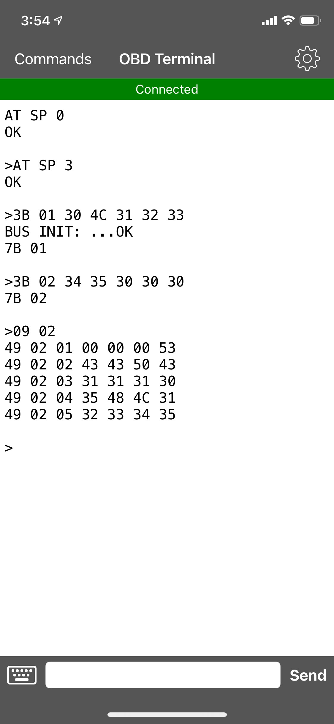 Screenshot of OBD Terminal App showing VIN command and output with the new VIN L-12345