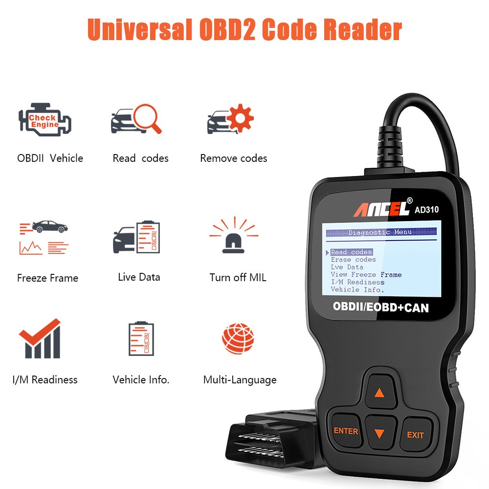 ancel ad310 obd2 diagnostic scan tool displaying multilingual support options