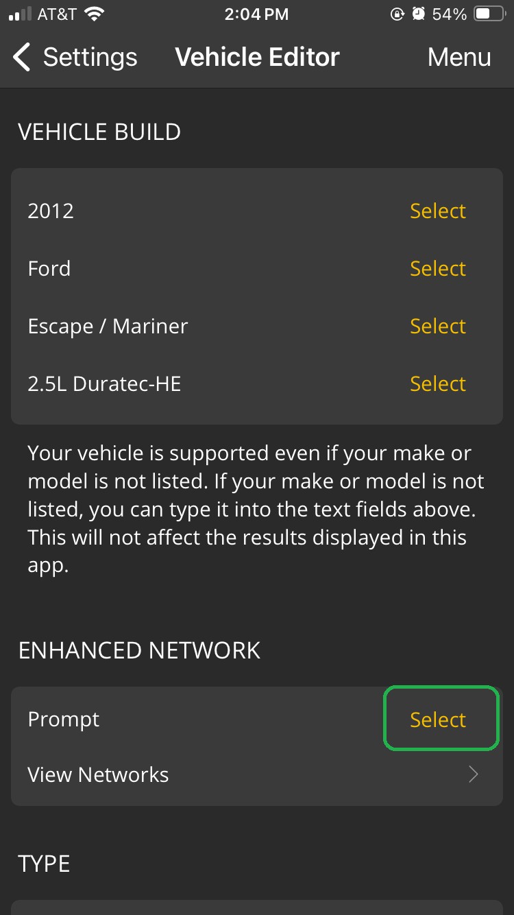 iOS Vehicle Editor screen. In the Enhanced Network section, the Prompt Select button is highlighted. 