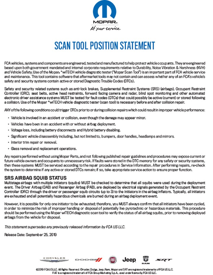 Chrysler Position Statement on Pre- and Post-Repair System Scanning for Vehicle Safety