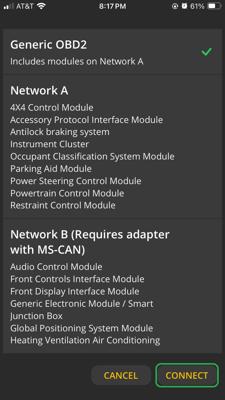 iOS screen showing Enhanced Network selection options. Generic OBD2 is checked. The Connect button is highlighted. 