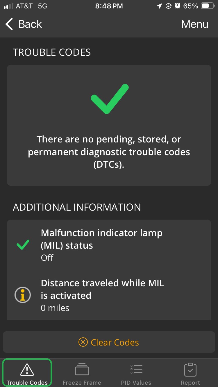 iOS screen showing the Trouble Codes tab. There is a green checkmark indicating all tests passed.