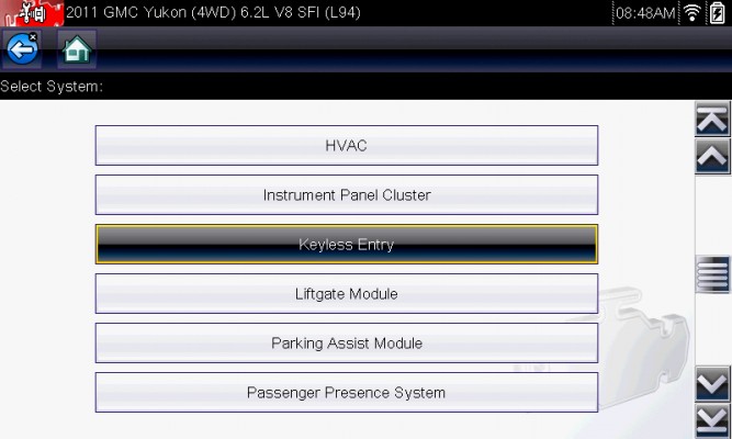 Snap-on scan tool vehicle selection screen