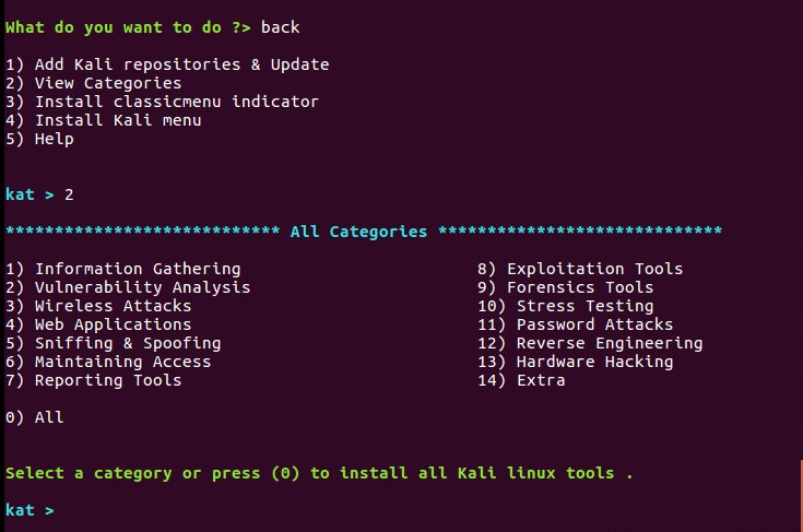 Katoolin Interface displaying categories of available Kali Linux software