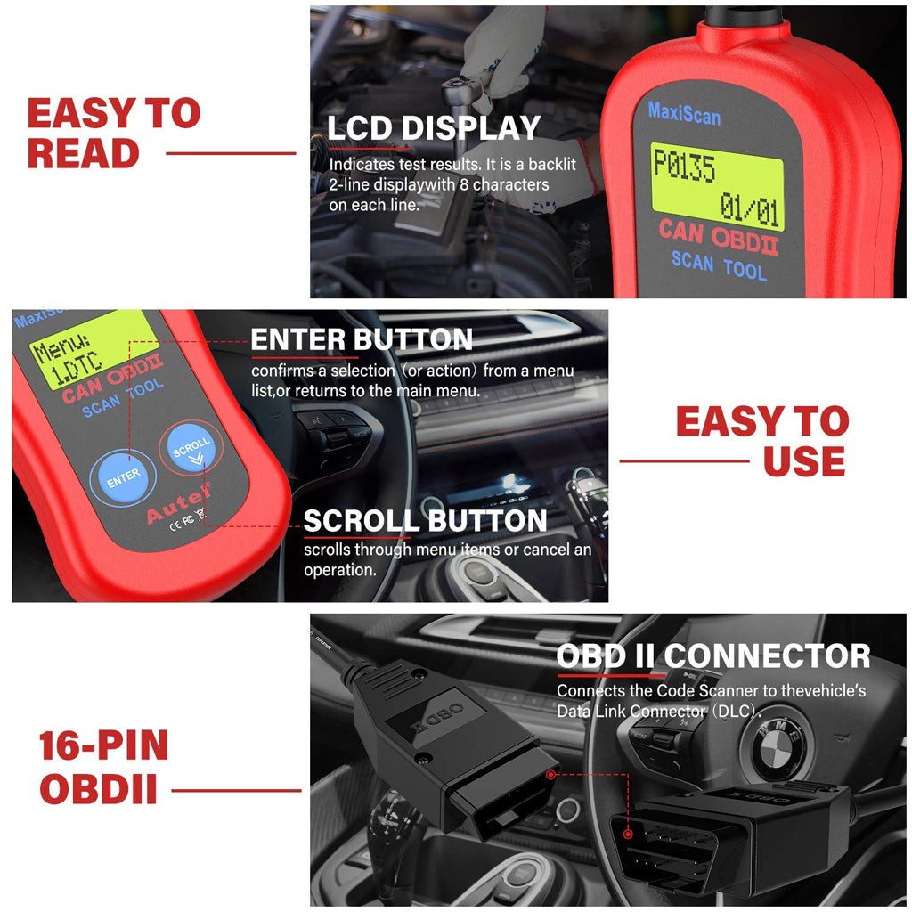 Autel MaxiScan MS300 CAN OBDII code reader displaying easy fault code reading and erasing functions