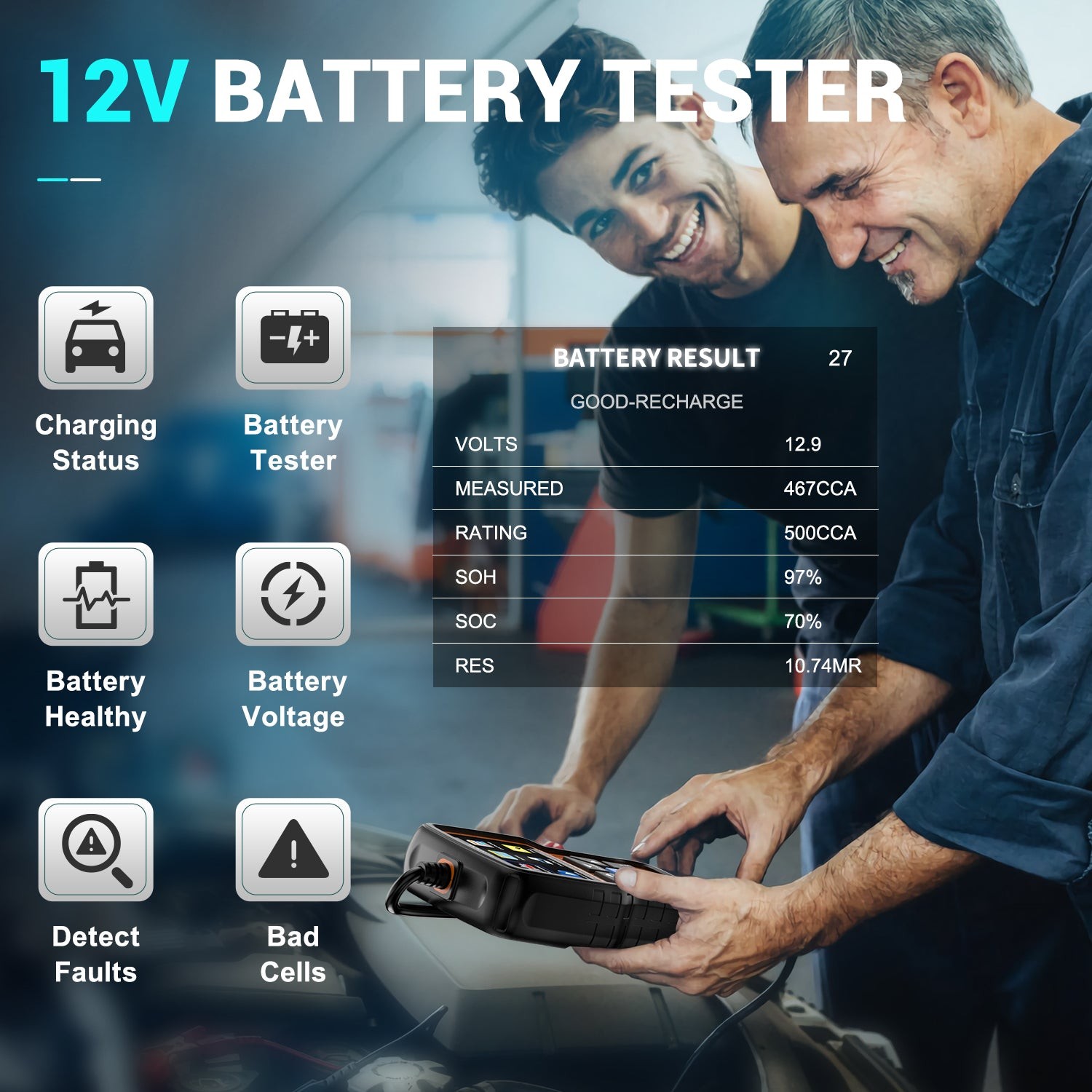 Foxwell OBD2 scan tool displaying battery voltage during a TPMS check procedure.