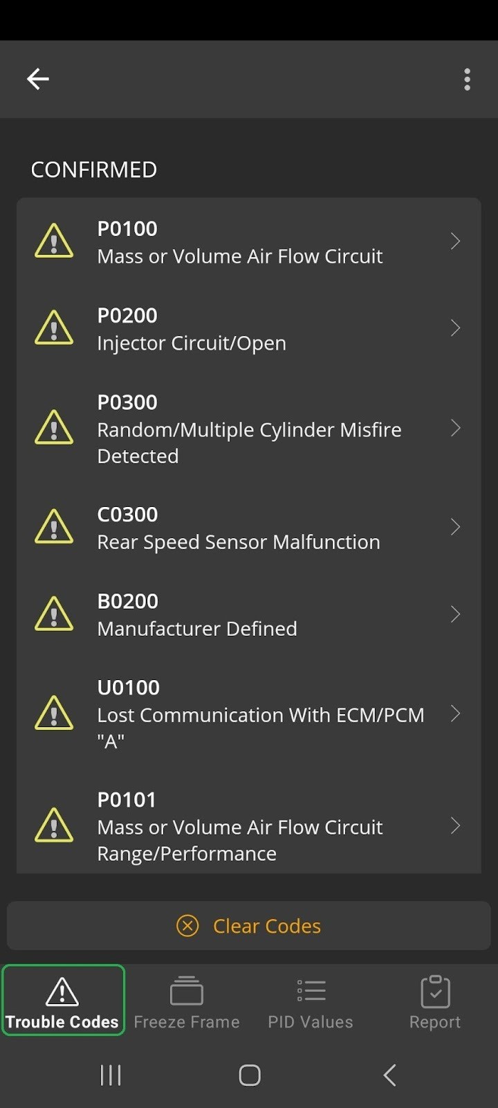 Android screen showing Trouble Codes tab when trouble codes are detected. 