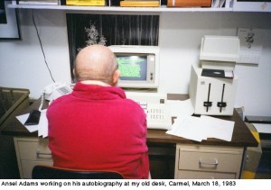 Ansel Adams working on a word processor, demonstrating his early adoption of technology